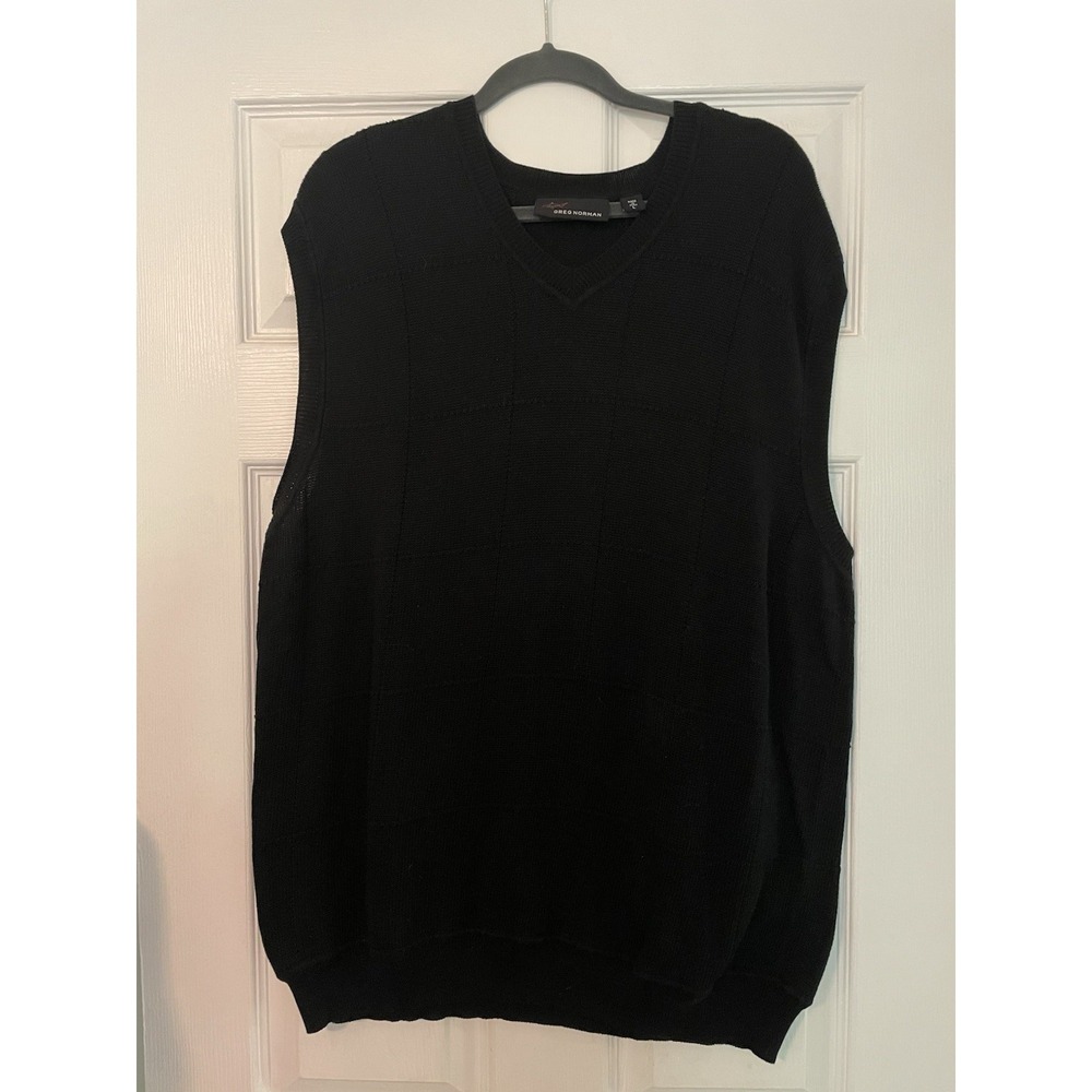 Greg Norman Sweater Vest Mens Large Black V Neck Pullover Golf Logo Preppy